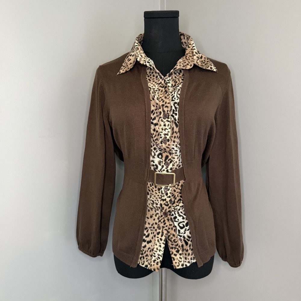 Y2K Womens Kim Rogers Leopard Print Faux Blouse w Brown Cardigan L Belted 2 in 1